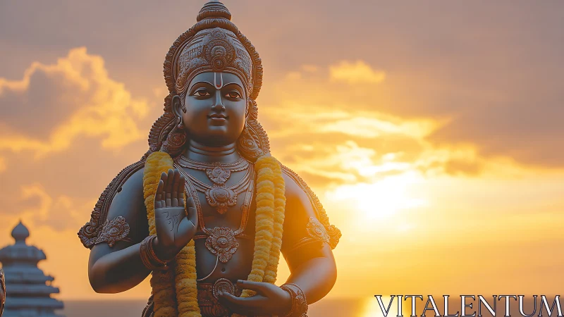 Statue of a robed deity stands before a low coastal sunset