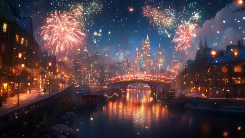Fireworks over festive canal city glow in winter night sky.