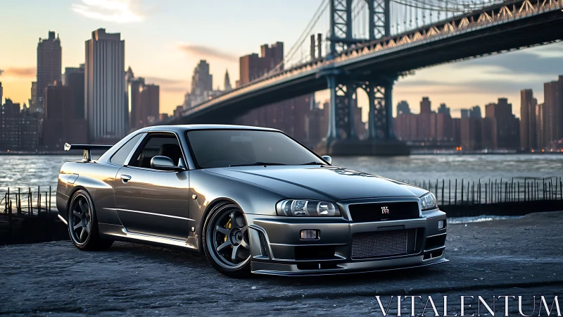 Tuned Nissan Skyline R34 rendered by the river under city bridge