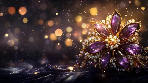 Jeweled amethyst flower brooch on silk with golden bokeh.