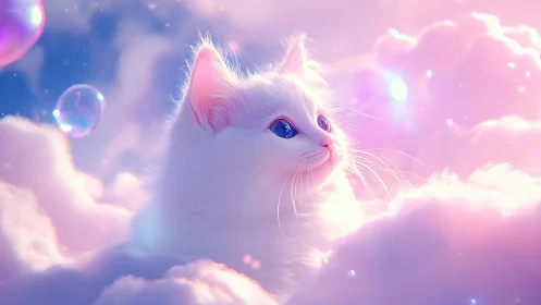 Enchanting White Kitten Dancing Among Dreamy Clouds