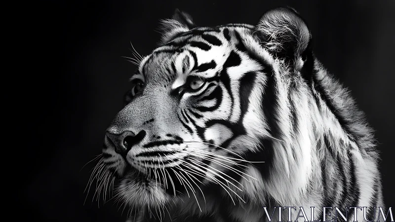 Quiet strength shines in a tiger’s calm black and white gaze