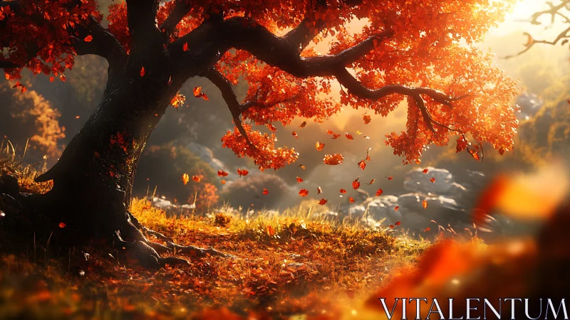 Autumn maple tree under warm backlight with drifting foliage