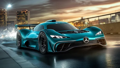 Midnight teal hypercar prowls a neon-kissed city circuit.