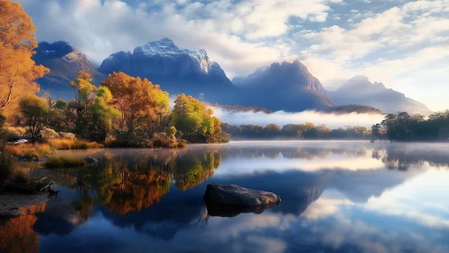 Autumnal alpine lake with mirrored cloud band reflections.