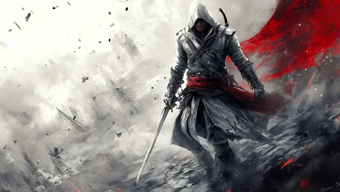 Hooded swordsman traversing storm-scarred battlefield in red shroud.
