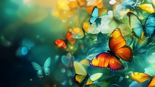 Digital painting of luminous butterflies in layered bokeh garden.