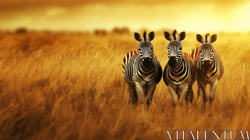 Striped sentinels stride through molten savanna dusk.