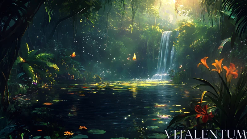 Luminescent jungle waterfall illuminates tranquil lily pond