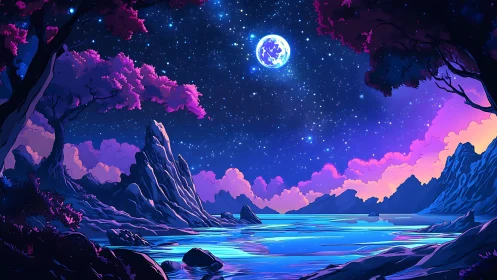 Luminous lunar lake under chromatic nebular twilight sky.