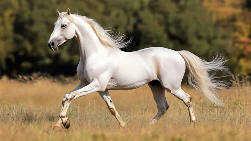 Elegant white horse gallops through a golden summer meadow.