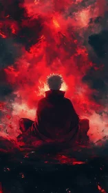 Lone cloaked figure meditates amid raging crimson firestorm