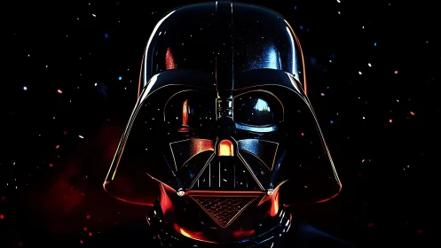 Dark sci-fi helmet under cinematic red and blue light.