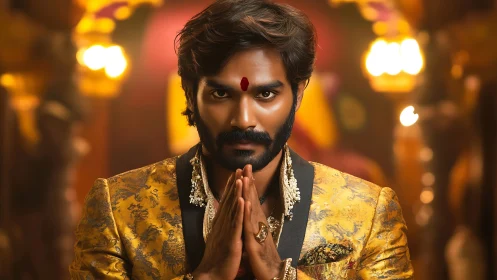 Gilded devotee locks eyes with the lens in warm temple light