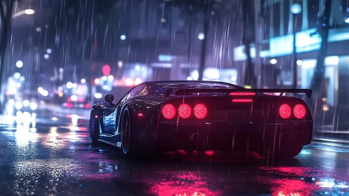 Rear-lit supercar on neon-soaked rainy cyberpunk boulevard