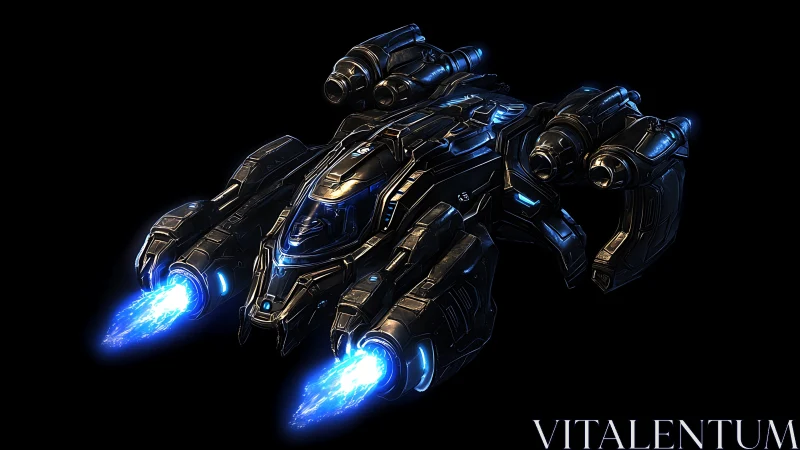 Starforged gunship roars through void with cobalt flame.