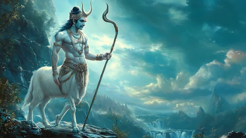 Mythic centaur deity overlooking azure cascading valleys.