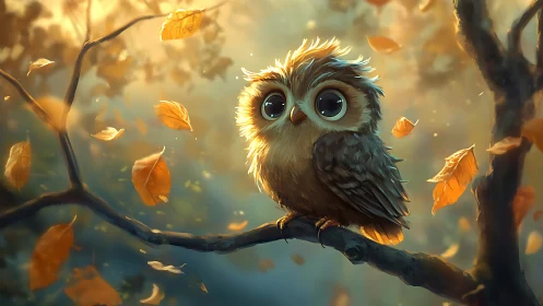 Adorable cartoon baby owl on autumn branch in whimsical light.