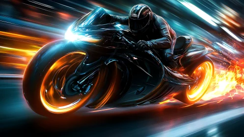 Blazing neon superbike rockets through a glowing city night