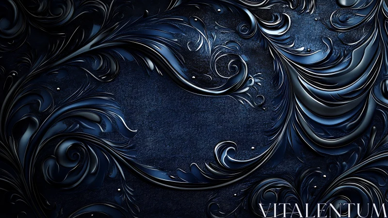 Dark metallic baroque scrollwork over textured navy field.