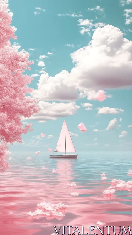 Sailboat moves through reflective pink water under clouds