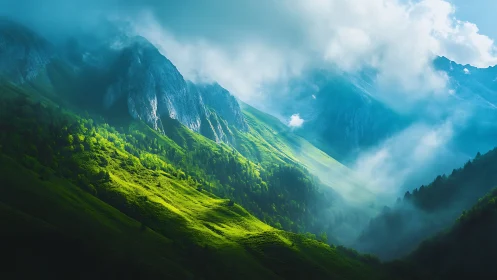 Sunlit green mountain valley under drifting mist clouds.
