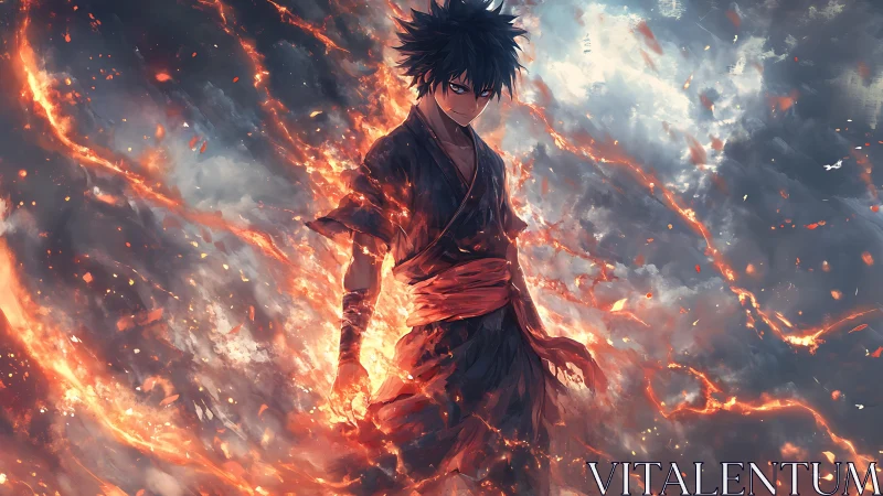 Anime fire wielder stands amid swirling embers and smoke