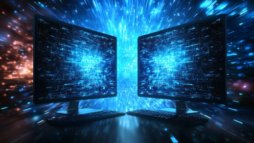 Dual monitors with data streams and digital light effects.