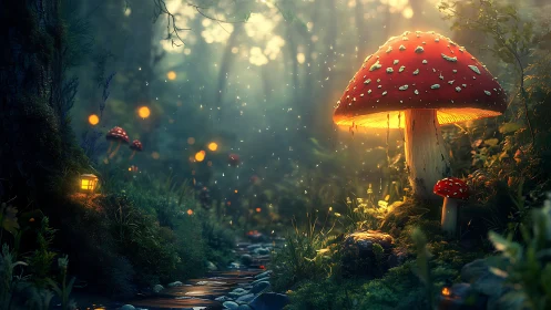 Giant glowing red mushroom illuminates dense forest creek
