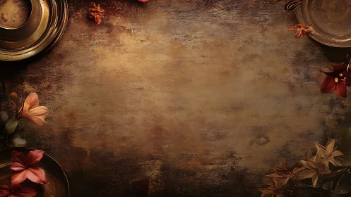 Metal plates and flowers on distressed brown background.