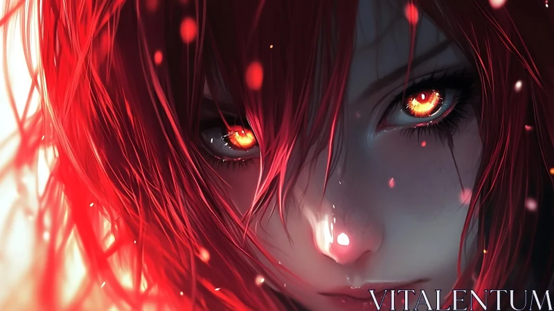 Fiery-eyed red-haired heroine in cinematic close-up portrait.