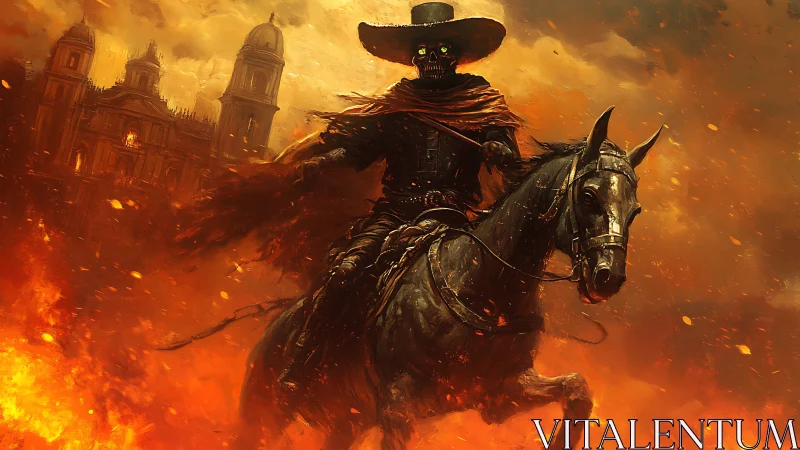 Apocalyptic skeletal rider in flaming baroque cityscape digital painting.