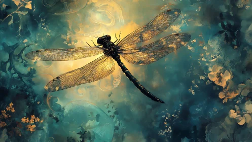 Iridescent dragonfly rendered against luminous teal bokeh field