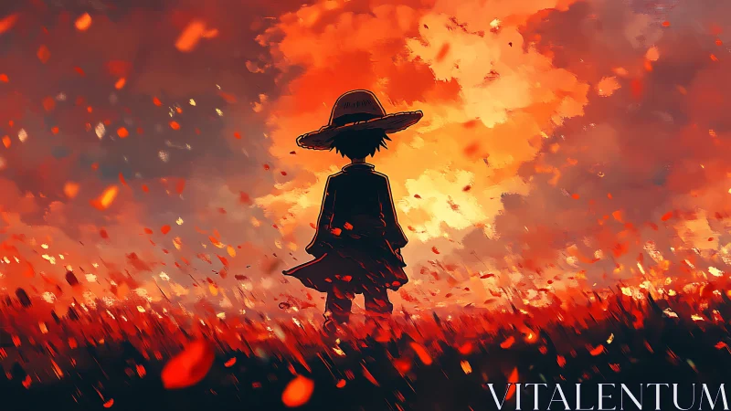 Solitary wanderer in ember field under burning sky.