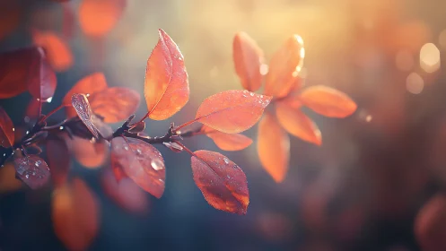 Close-up branch with wet orange leaves in soft sunlight.