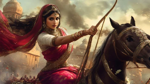 Warrior Queen in Red Sari on Horseback, Epic Digital Art.