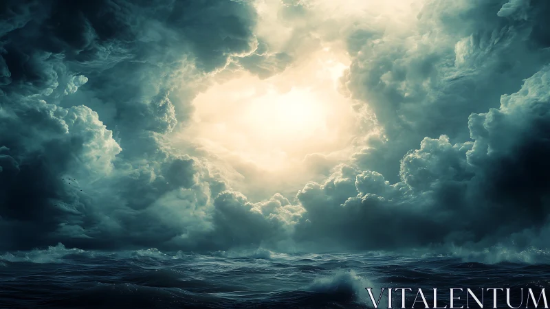 Storm-torn sea kneels beneath a blazing celestial doorway