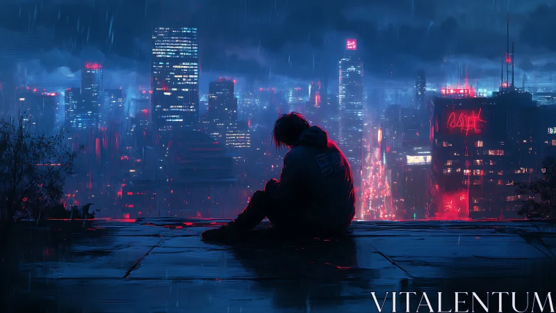 Neon rooftop loner soaking in rainlit cyberpunk sorrow.