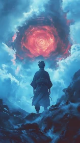 Lone warrior faces swirling crimson vortex in storm clouds.