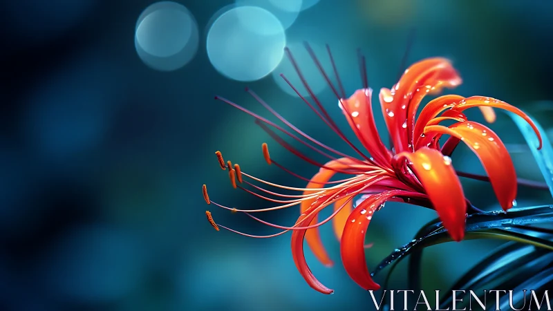 Red Striped Tropical Flower Against Teal Blurred Background