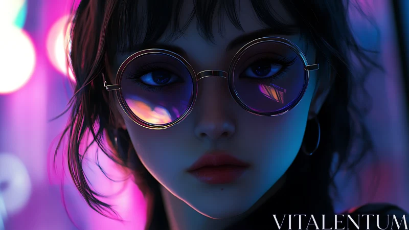 Neon-lit cyber-noir portrait renders reflective round lenses