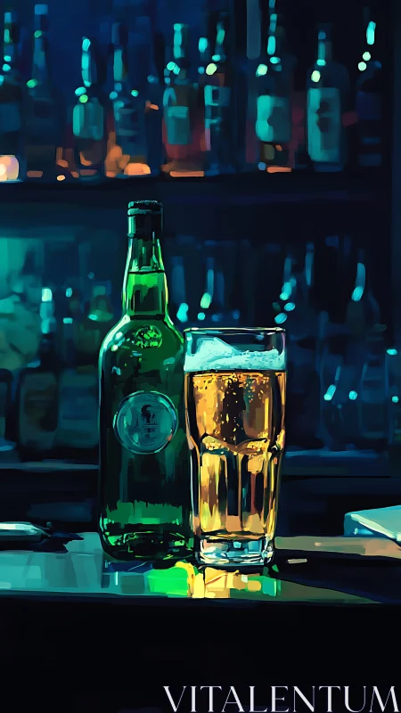 Neon bar hush with glowing beer glass and emerald bottle.