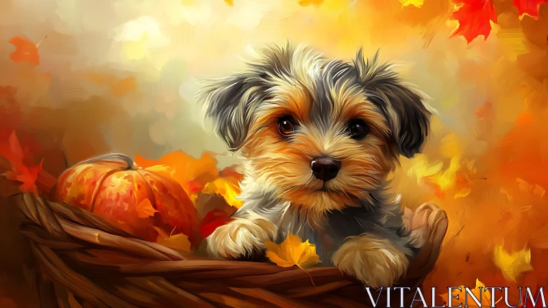 Autumnal puppy portrait uses warm palette and textured brushwork