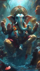 Divine blue Ganesha floating in luminous underwater temple.