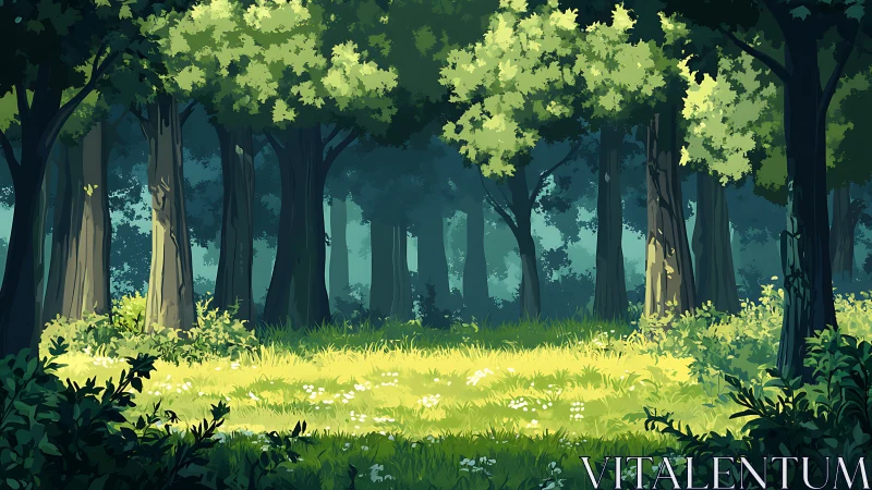 Sunlit Forest Clearing with Ancient Trees.