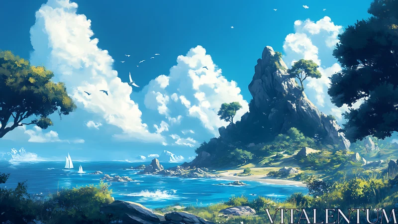 Crystalline Coastal Sanctuary with Towering Stone Peaks.