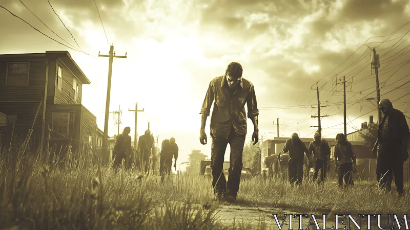Backlit suburban zombies advancing under desaturated sunset.