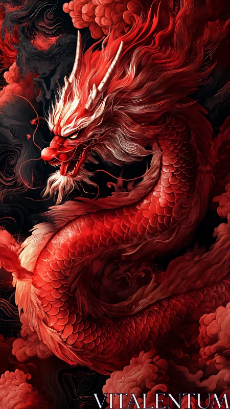 Intricate red oriental dragon coils through turbulent stylized clouds