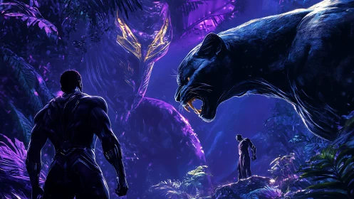 Sci-Fi Confrontation with Xenomorphic Creatures in Bioluminescent Purple Environment