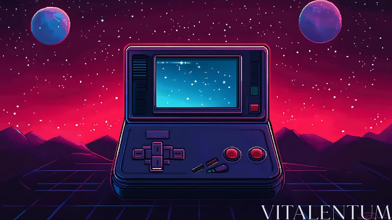 Retro handheld console dreams beneath a neon cosmic night